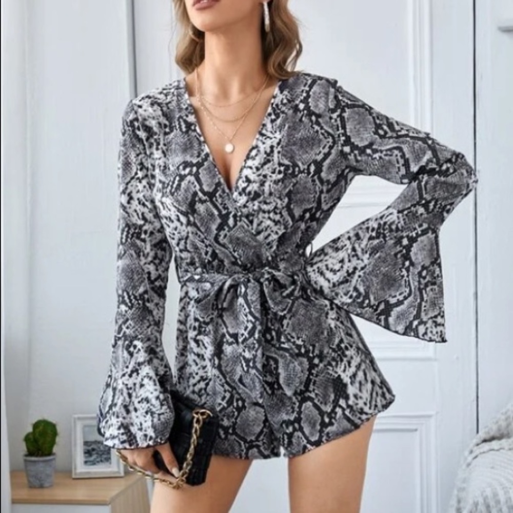NEW Snakeskin Print Surplice Front Belted Romper